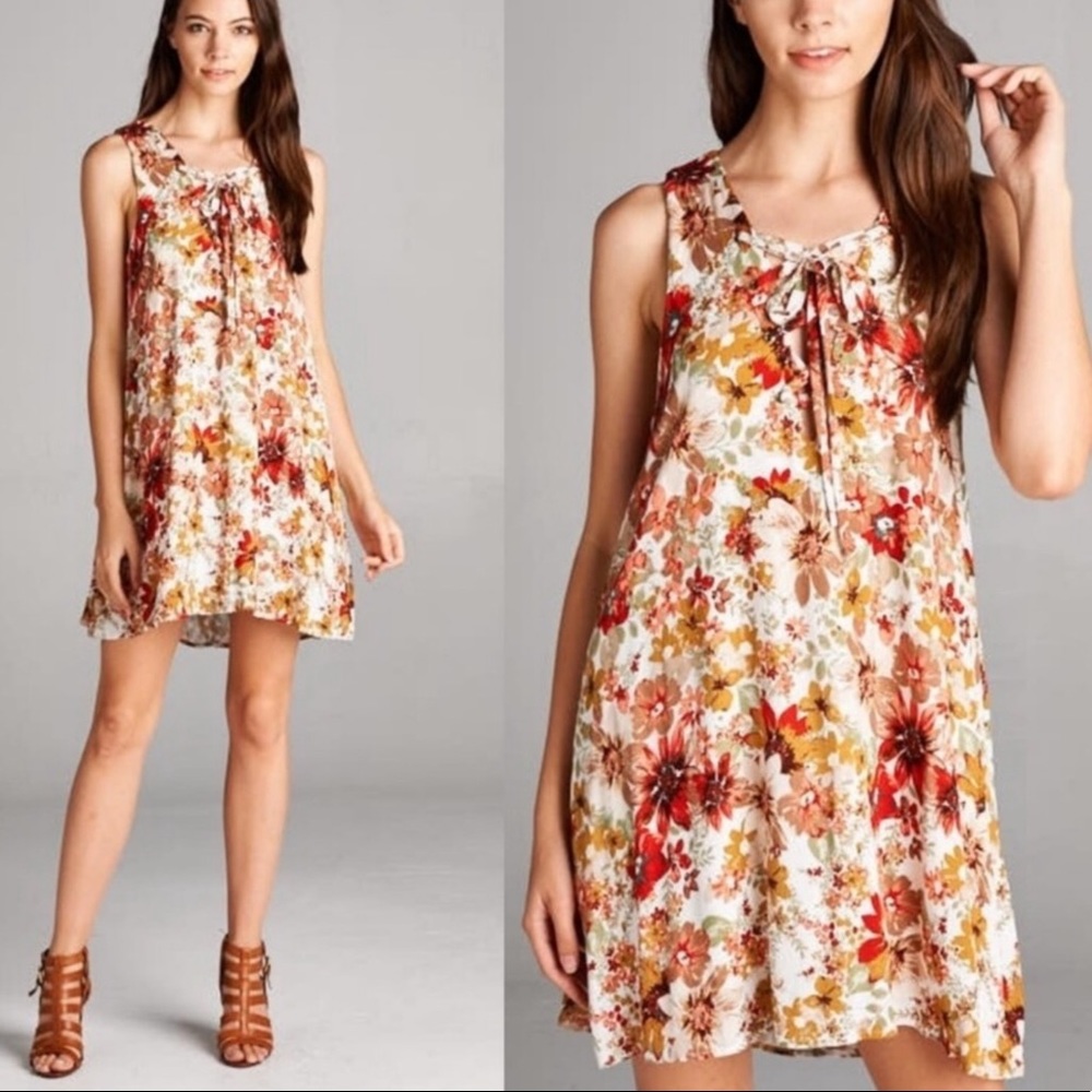 Floral Lace-Up Floral Shift Dress